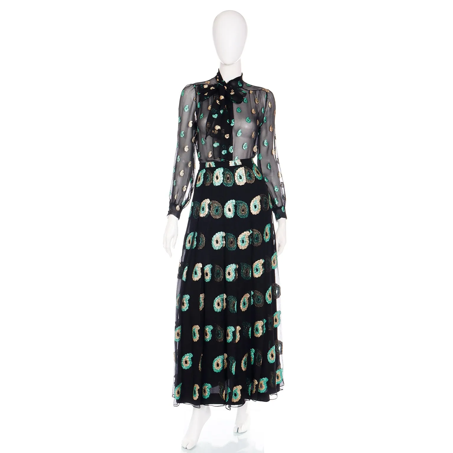 1970s Jean Patou Black Silk Dress w/ Metallic Paisley Embroidery