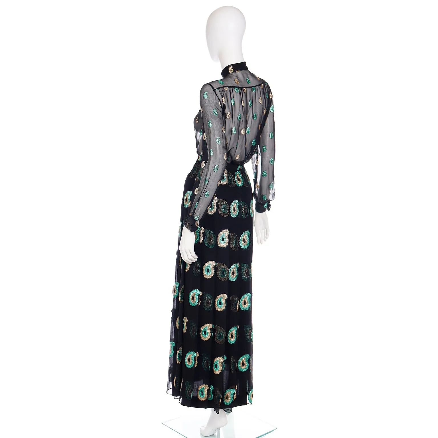 1970s Jean Patou Black Silk Dress w/ Metallic Paisley Embroidery