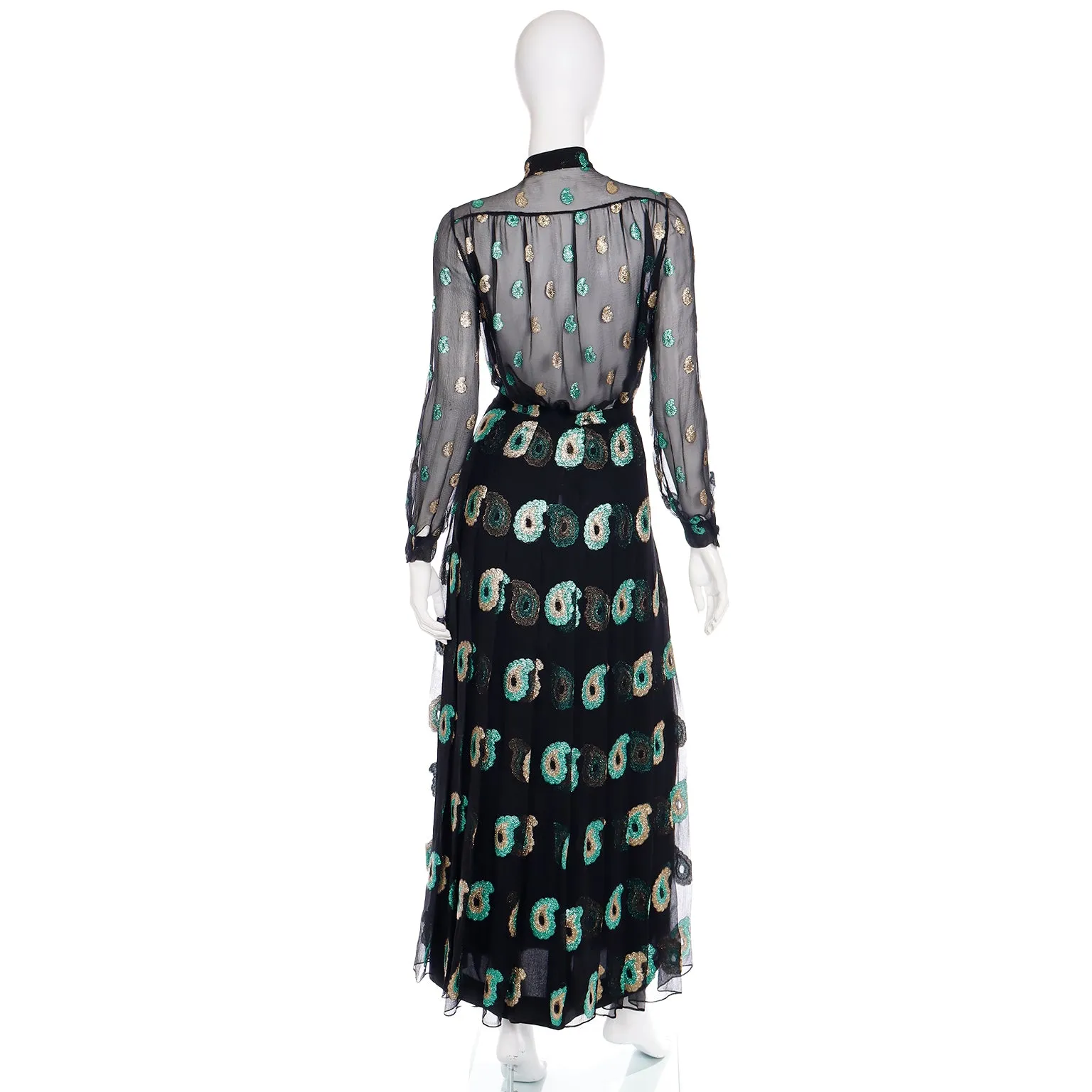 1970s Jean Patou Black Silk Dress w/ Metallic Paisley Embroidery