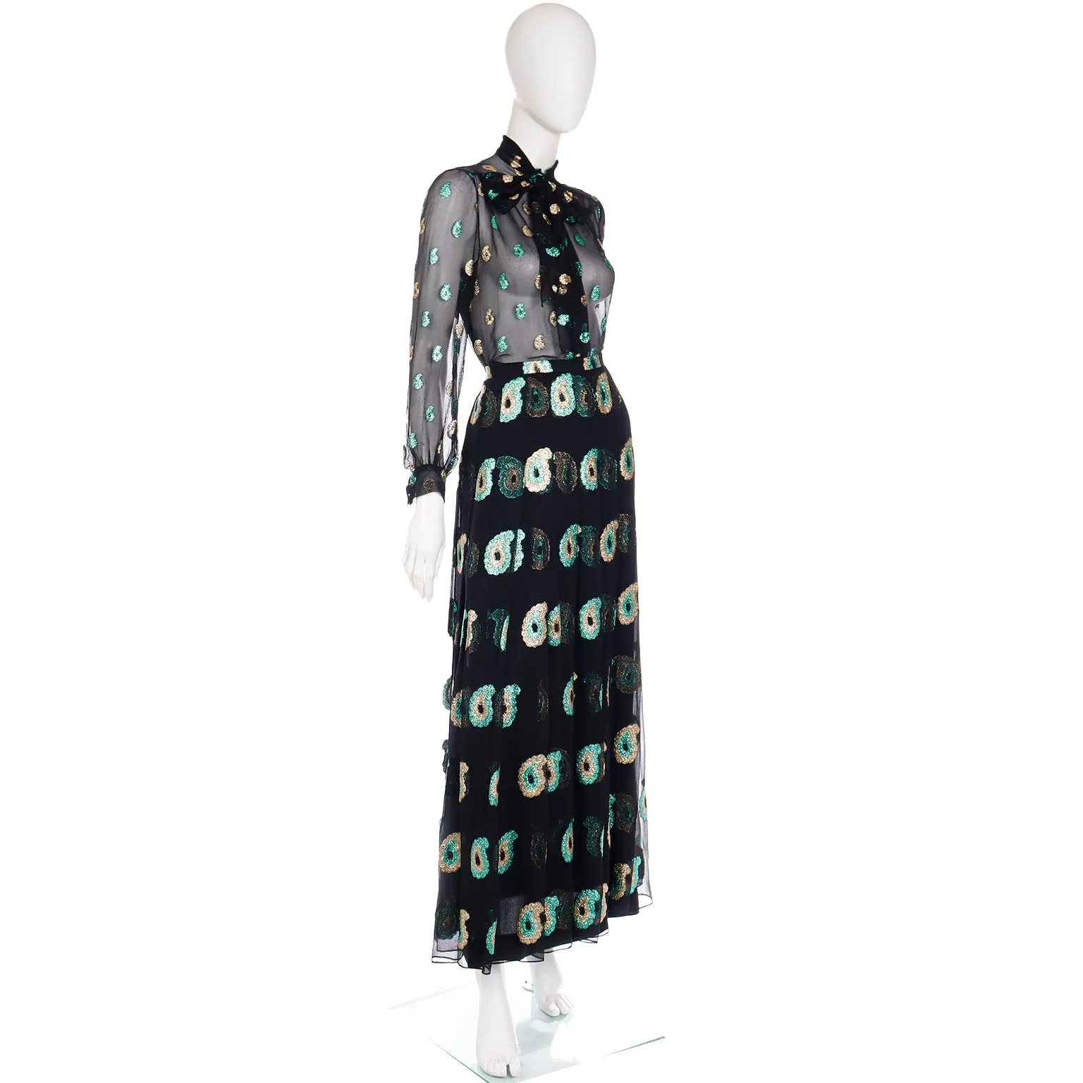 1970s Jean Patou Black Silk Dress w/ Metallic Paisley Embroidery