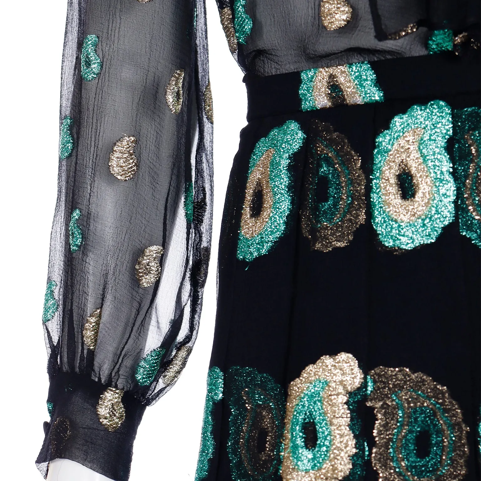 1970s Jean Patou Black Silk Dress w/ Metallic Paisley Embroidery