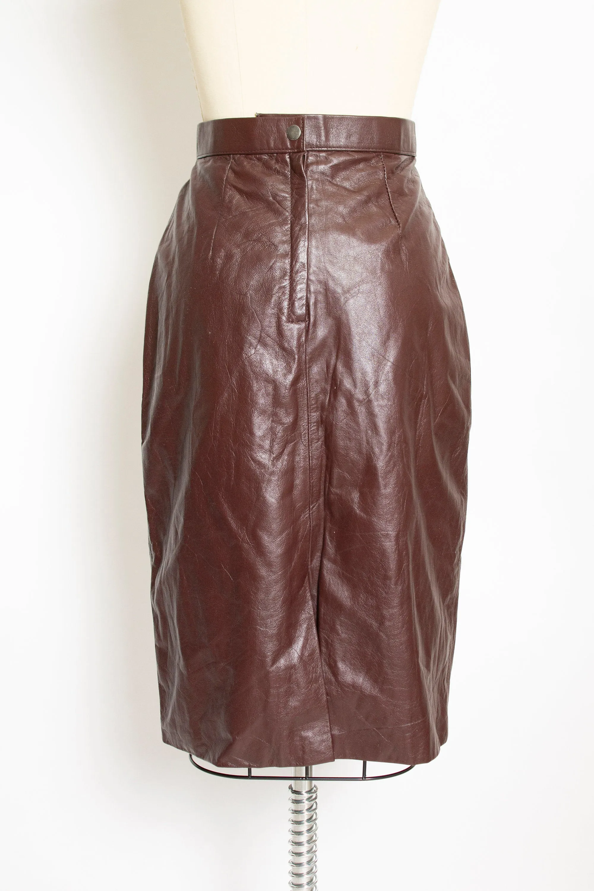 1980s Skirt Brown Leather High Waist XS