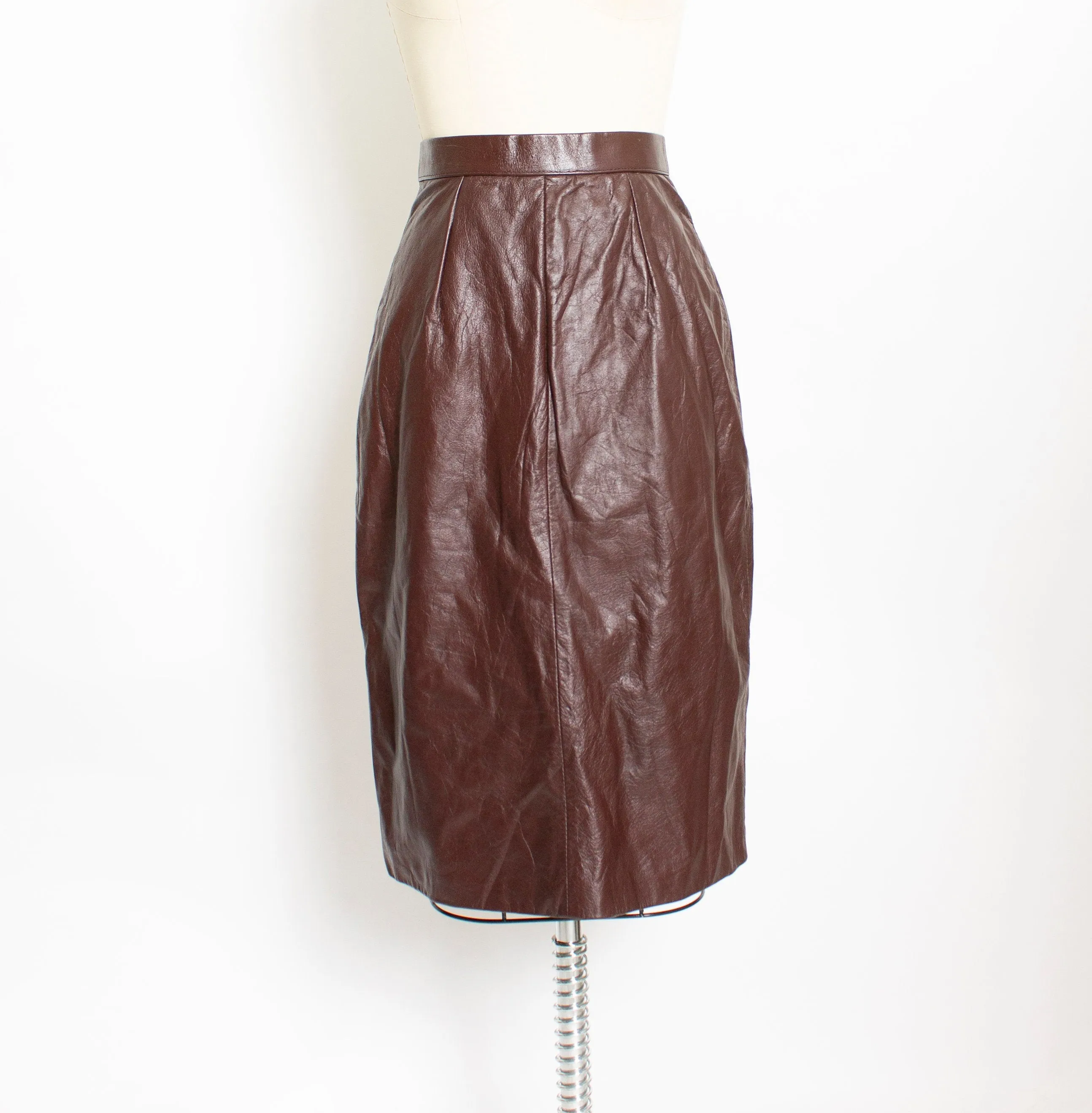 1980s Skirt Brown Leather High Waist XS