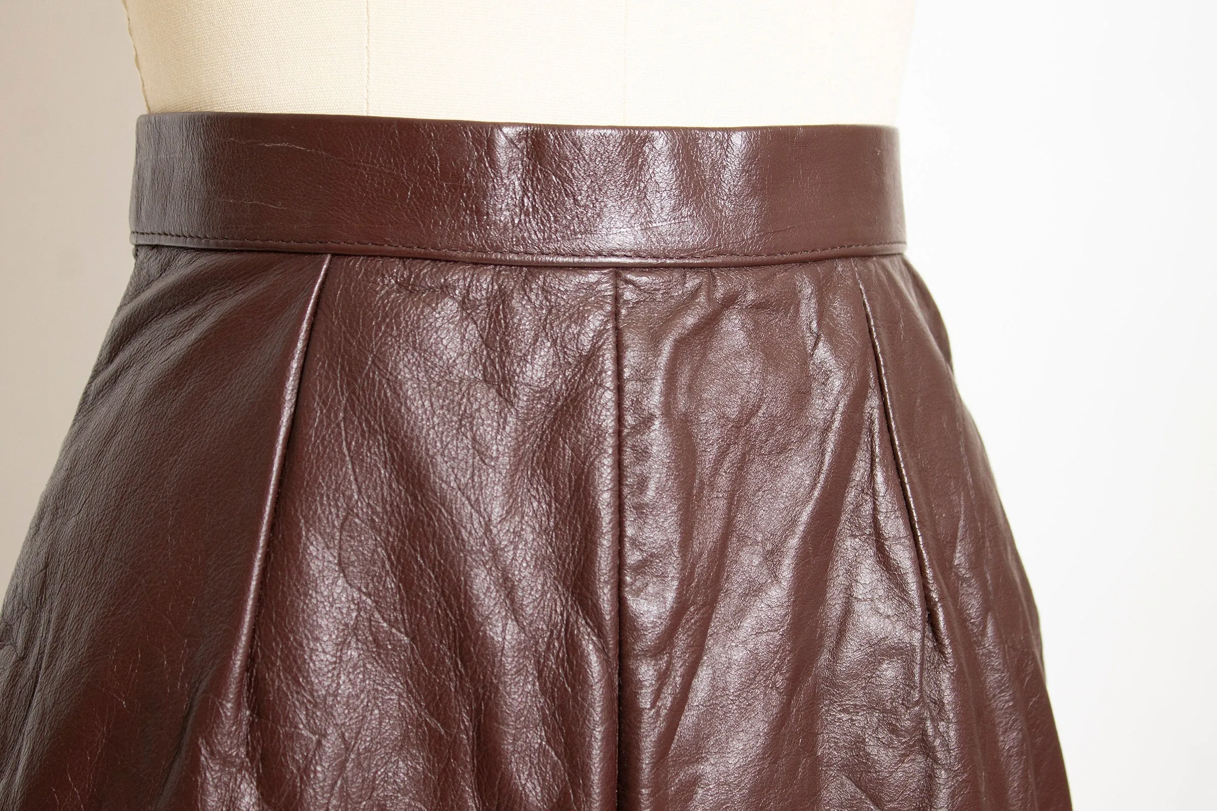 1980s Skirt Brown Leather High Waist XS