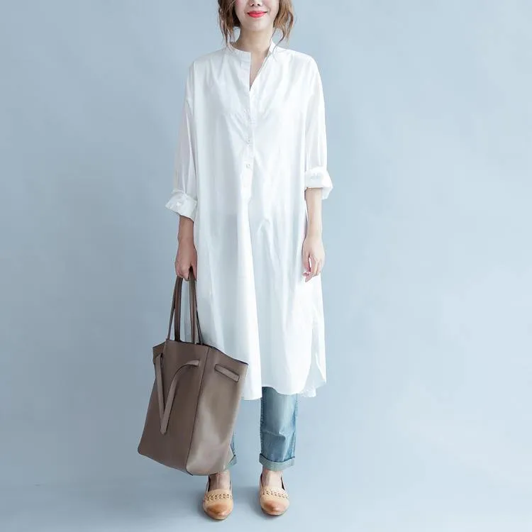 2022 White Cotton Maxi Dress Loose Fitting Stand Collar Cotton Dress Top Quality Side Open Caftans ( Limited Stock)