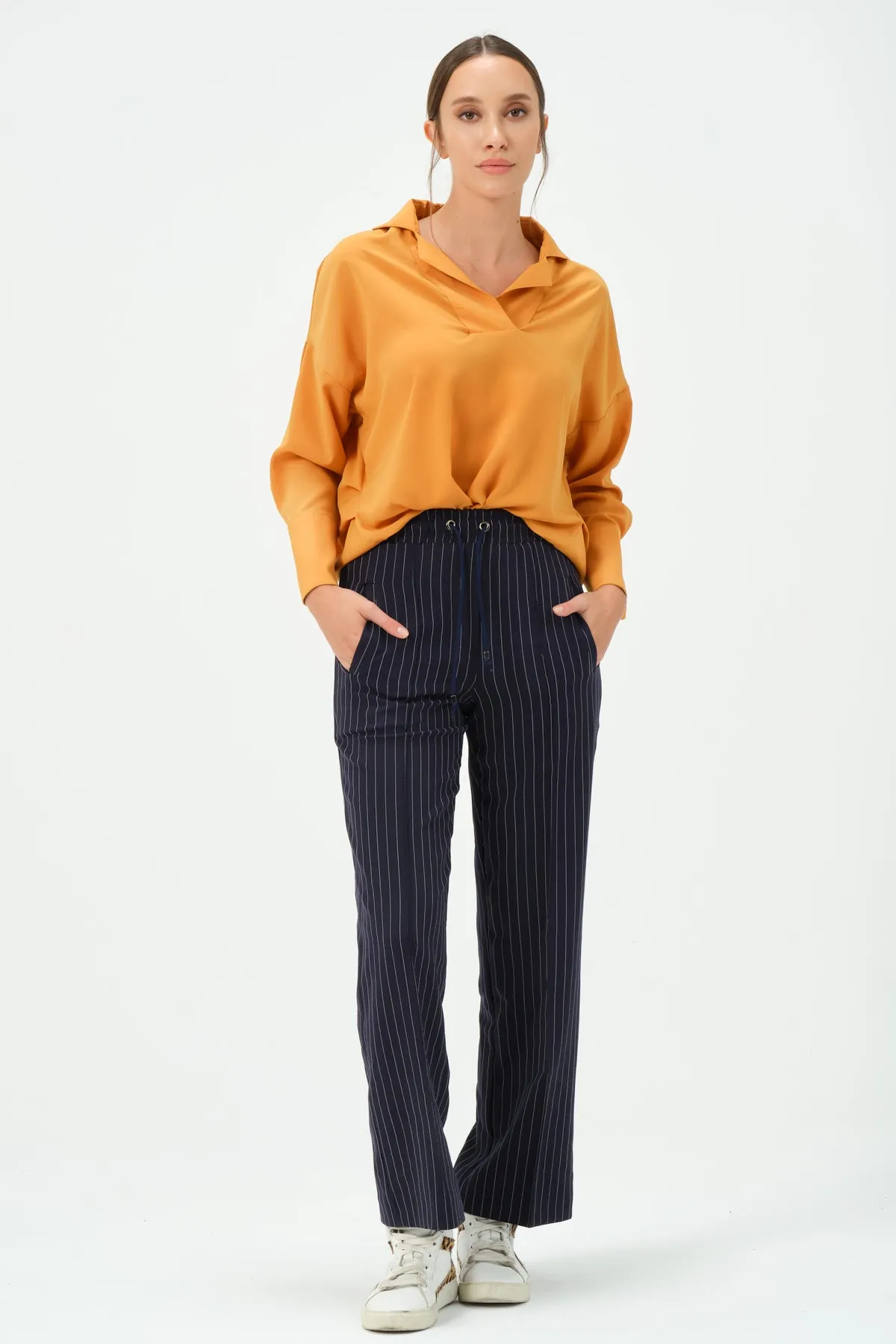 211-Vicky Drawstring Waist Pants Navy Striped