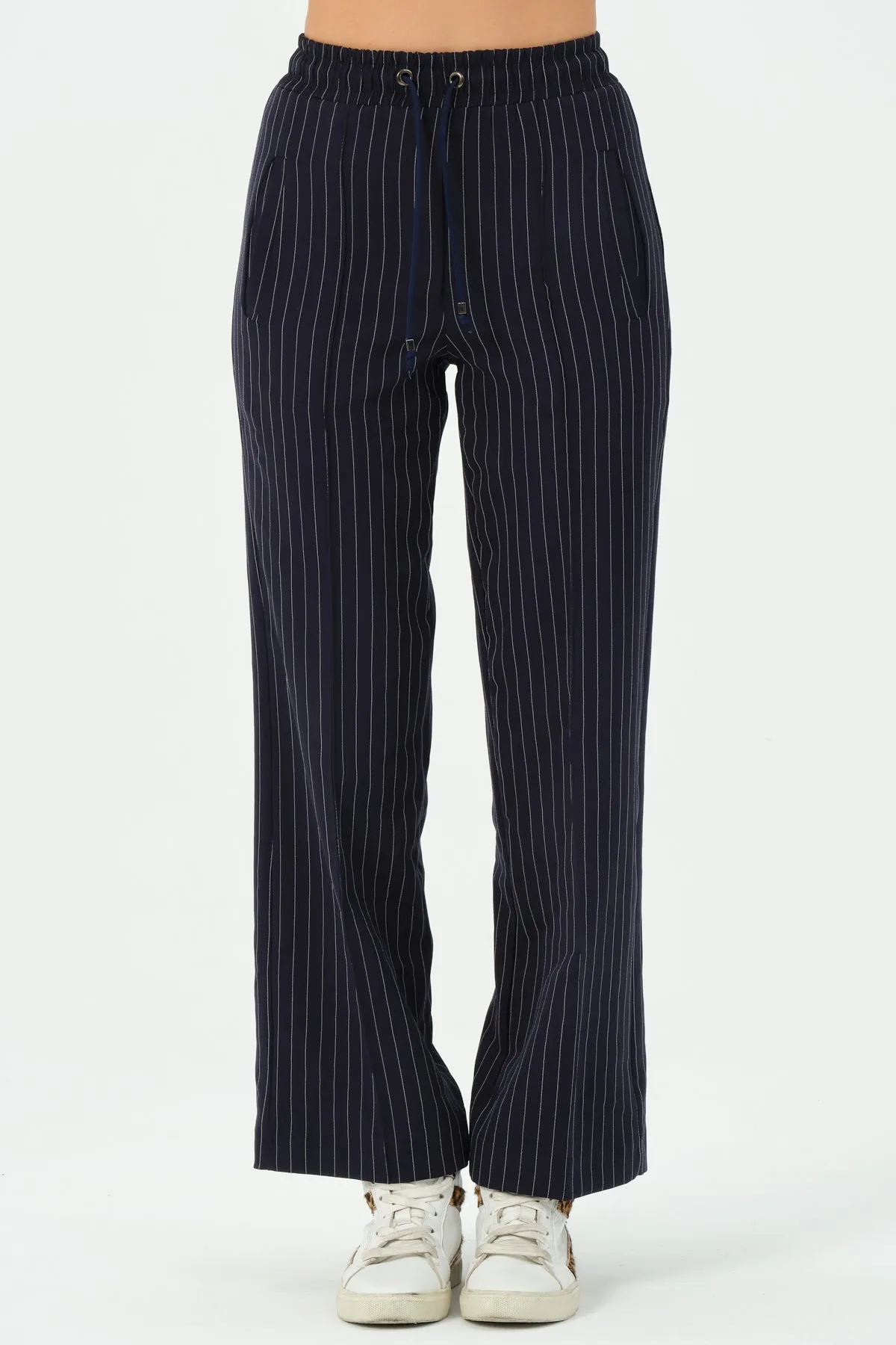 211-Vicky Drawstring Waist Pants Navy Striped