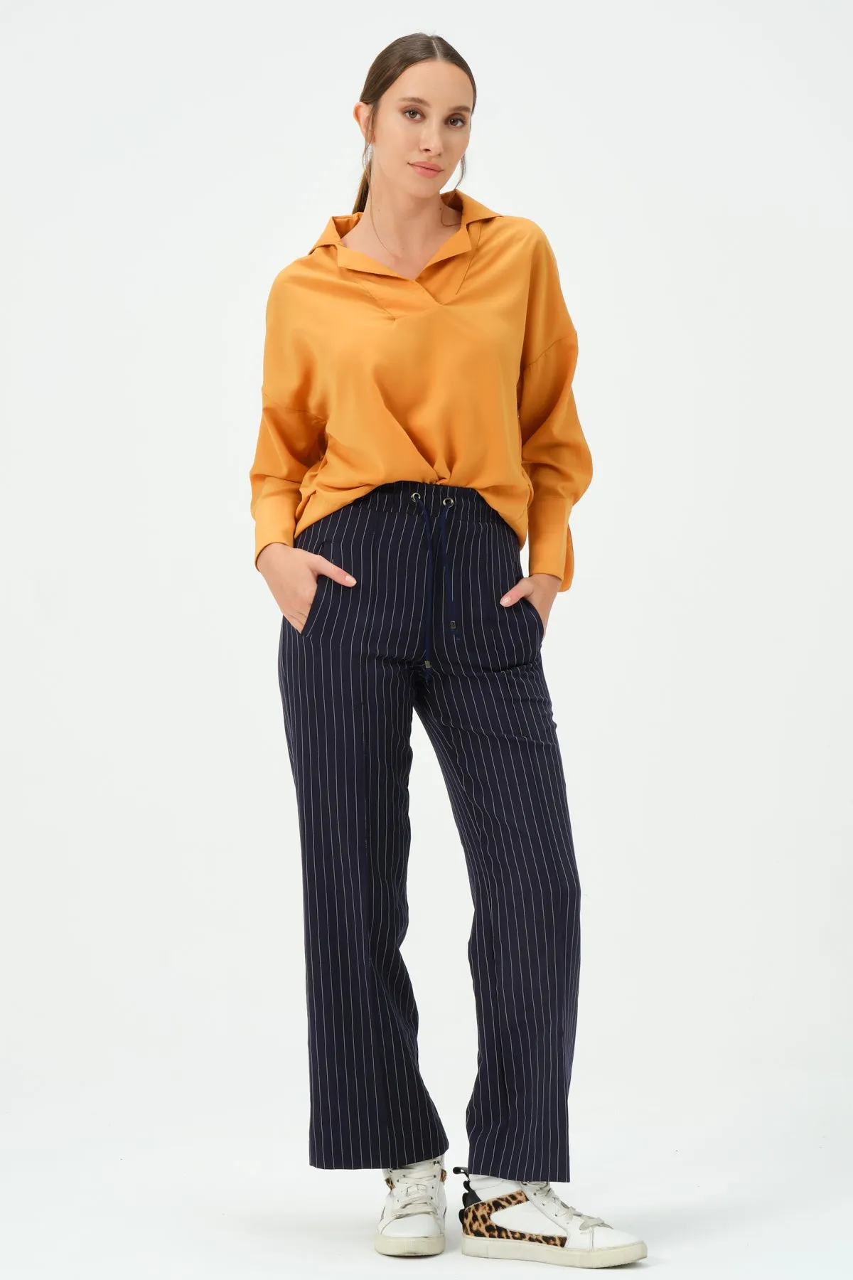 211-Vicky Drawstring Waist Pants Navy Striped