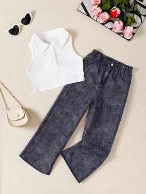 2pcs Young Girl Solid Color Polo Collar Vest Matched With Denim Printed Straight Leg Pants