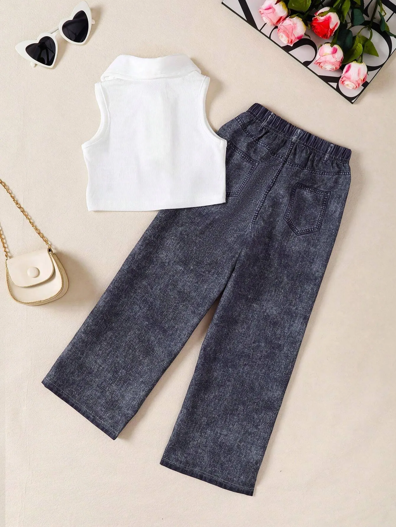 2pcs Young Girl Solid Color Polo Collar Vest Matched With Denim Printed Straight Leg Pants