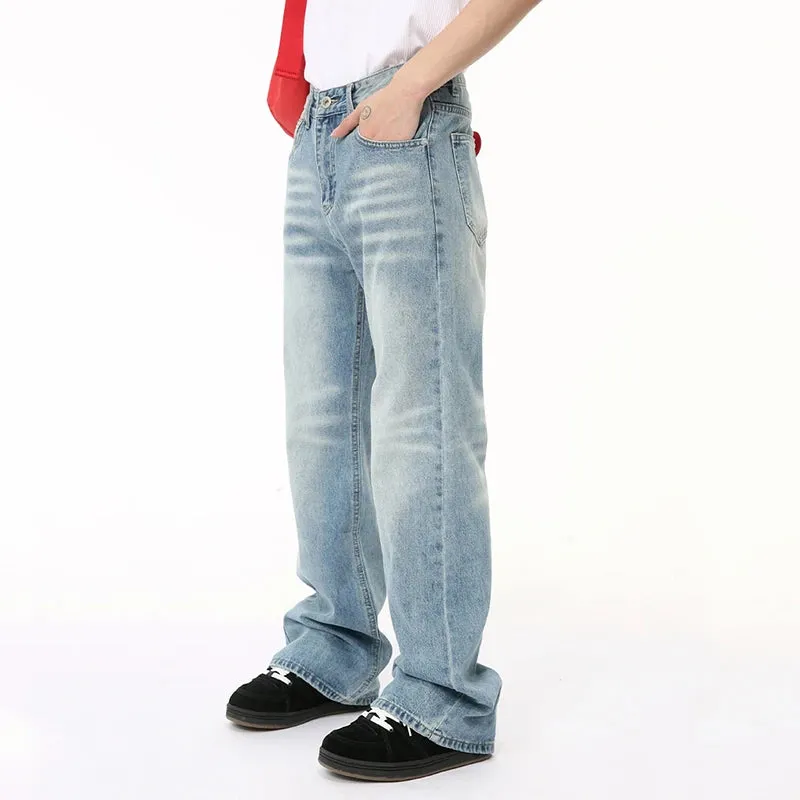 American Style Men's Jeans Summer Washed-out Marks Drooping Casual Straight Wide Leg Pockets Male Denim Pants Chic 9C6499