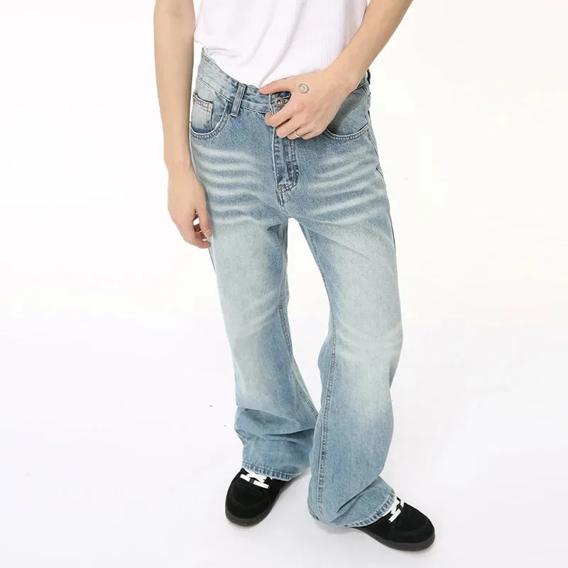 American Style Men's Jeans Summer Washed-out Marks Drooping Casual Straight Wide Leg Pockets Male Denim Pants Chic 9C6499