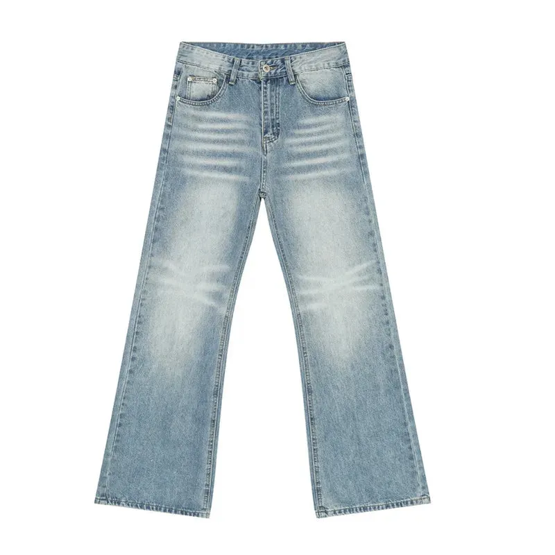 American Style Men's Jeans Summer Washed-out Marks Drooping Casual Straight Wide Leg Pockets Male Denim Pants Chic 9C6499