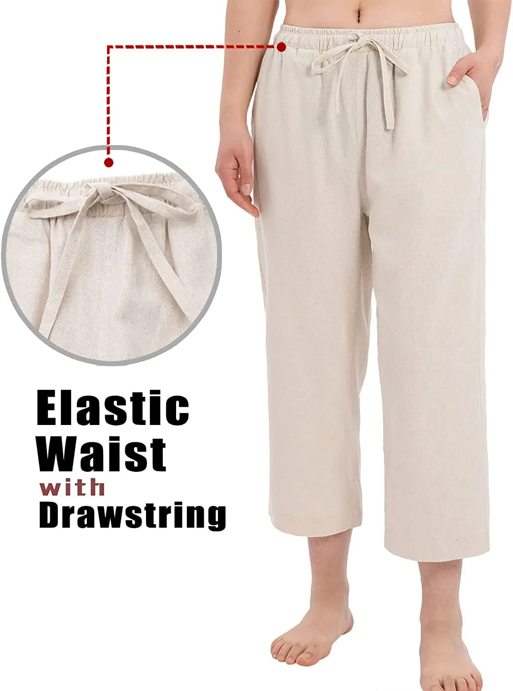 Amy Fashion - Cotton Linen Drawstring Elastic Waist Loose Wide Leg Cropped Pants