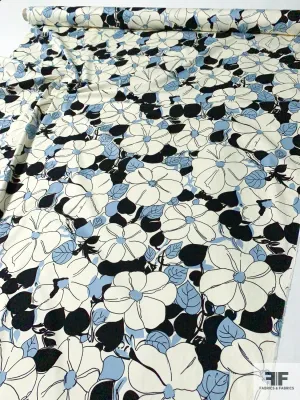 Animated Floral Stretch Cotton Sateen - Periwinkle / Ivory / Black