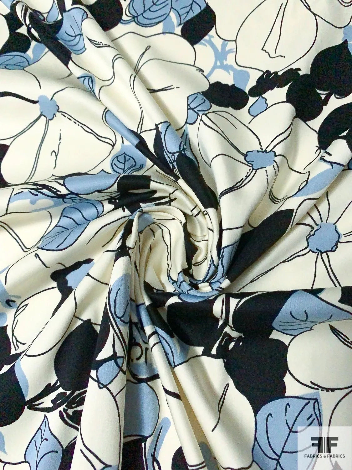 Animated Floral Stretch Cotton Sateen - Periwinkle / Ivory / Black