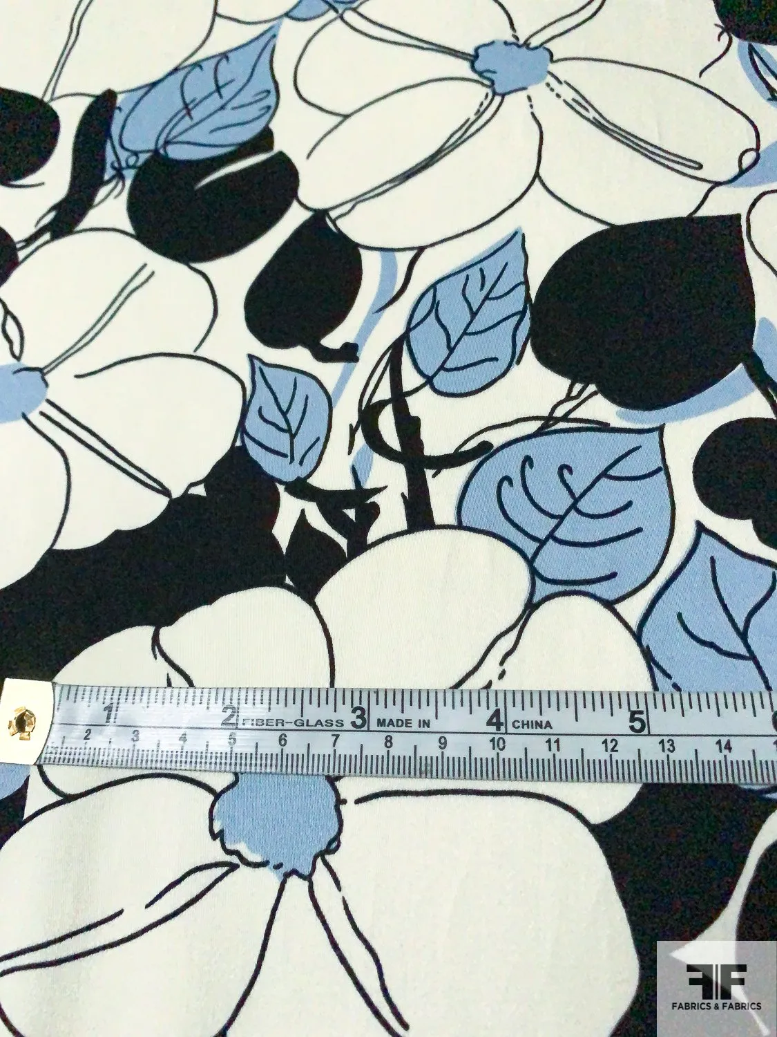 Animated Floral Stretch Cotton Sateen - Periwinkle / Ivory / Black