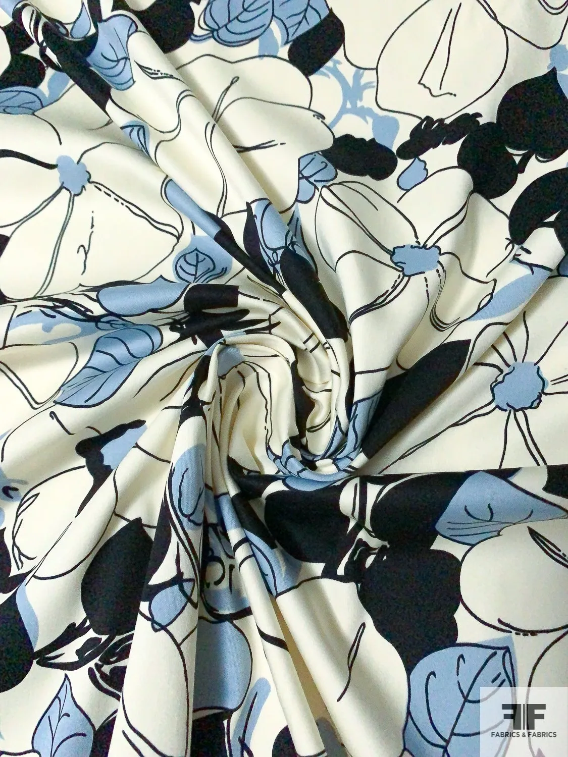 Animated Floral Stretch Cotton Sateen - Periwinkle / Ivory / Black