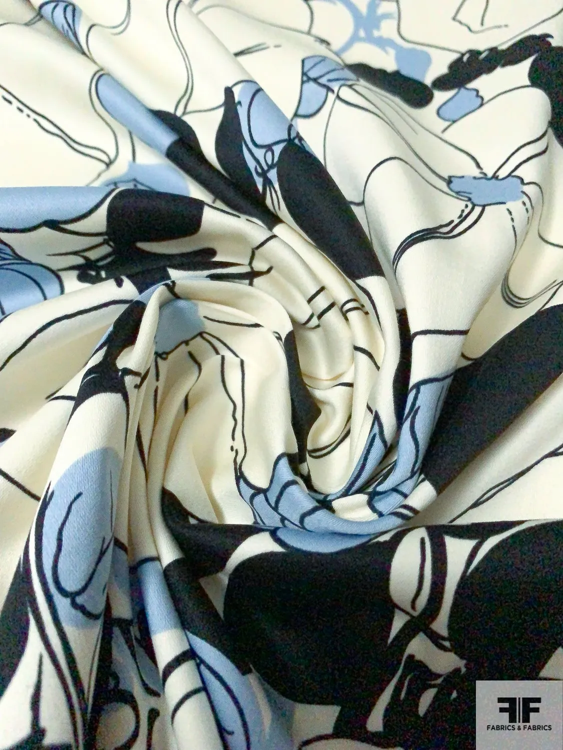 Animated Floral Stretch Cotton Sateen - Periwinkle / Ivory / Black