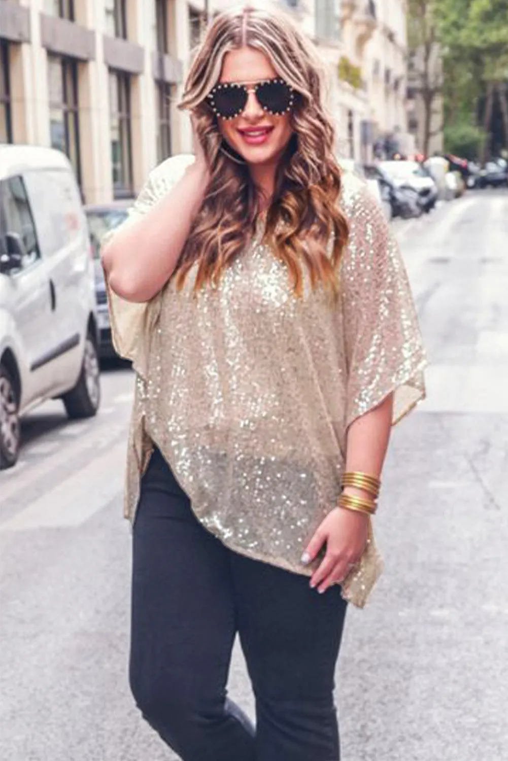 Apricot Plus Size Sequined V Neck Loose Top