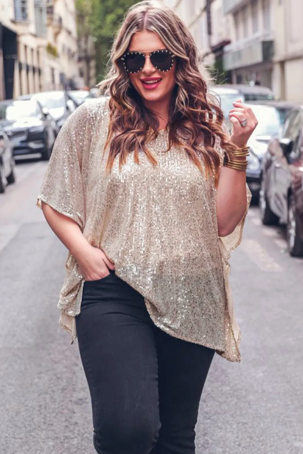 Apricot Plus Size Sequined V Neck Loose Top