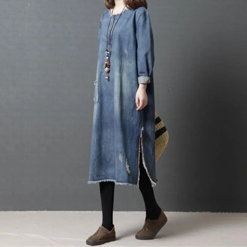 Babakud Burr Loose Round Neck Ragged Pocket Denim Dress