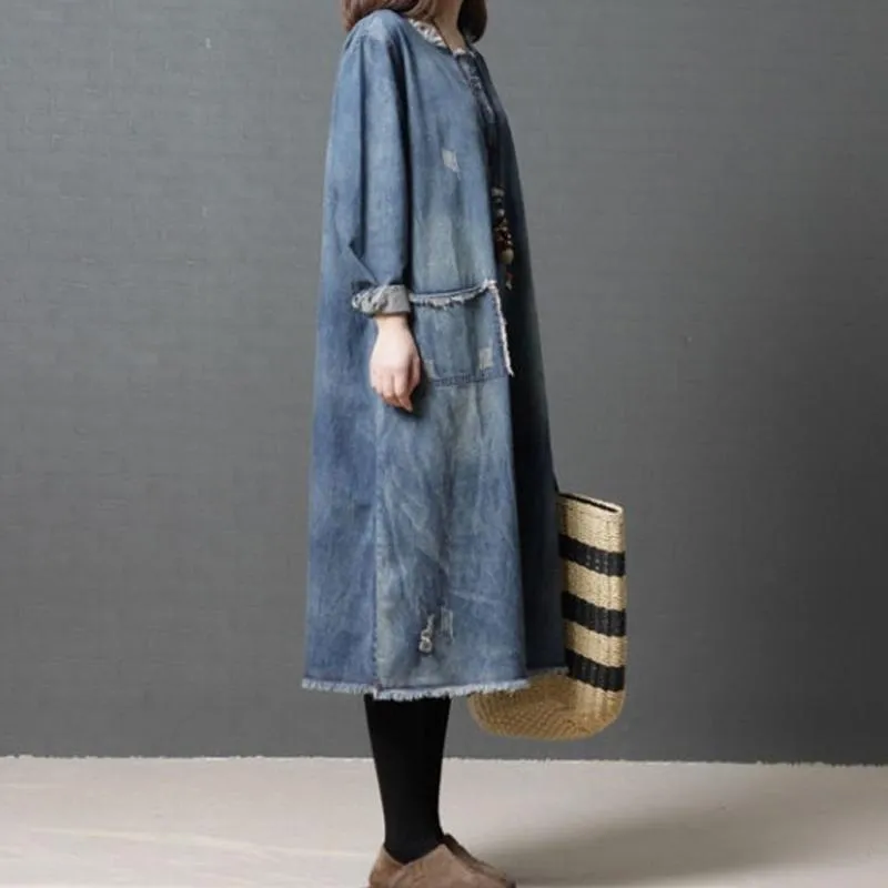 Babakud Burr Loose Round Neck Ragged Pocket Denim Dress