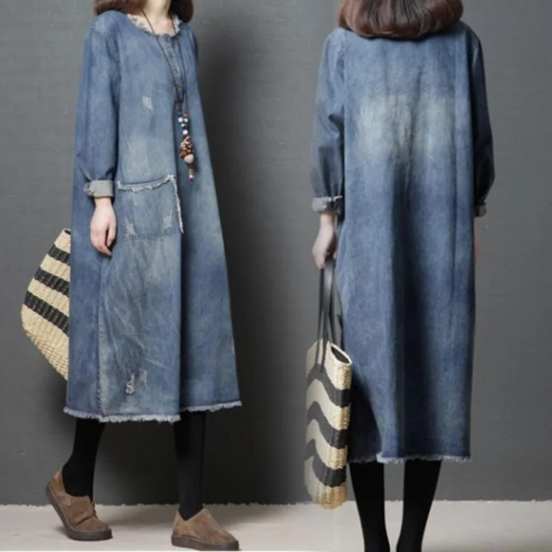 Babakud Burr Loose Round Neck Ragged Pocket Denim Dress