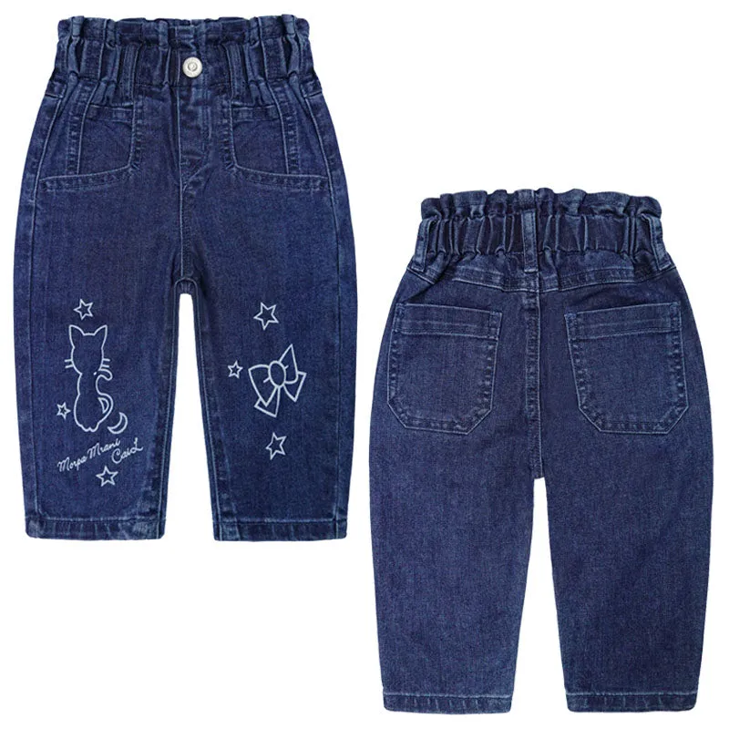 Baby Little Girl Jeans Paperbag Elastic Waist Cute Printed Denim Pants