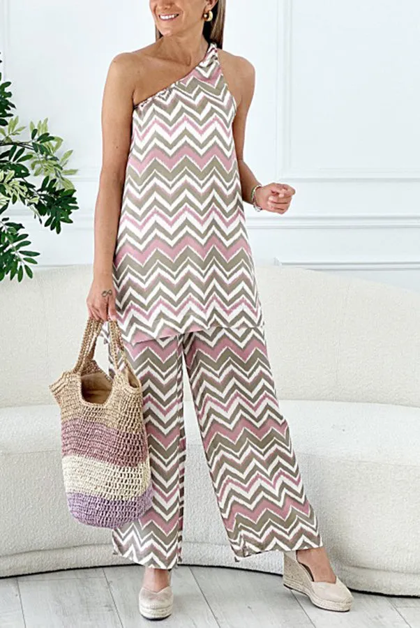 Bellini Brunching Ripple Print One Shoulder Top and Elastic Waist Pocketed Pants Set