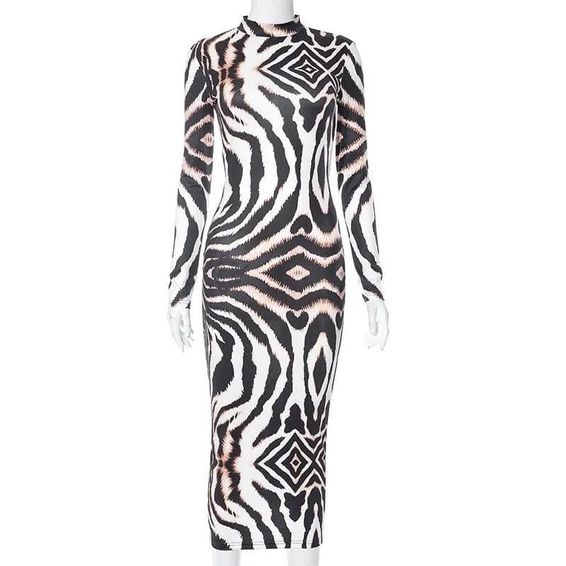 BerryBetty - Backless self tie long sleeve tiger print contrast midi dress