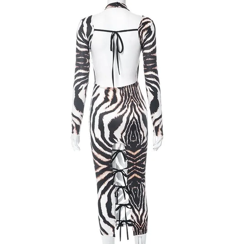 BerryBetty - Backless self tie long sleeve tiger print contrast midi dress