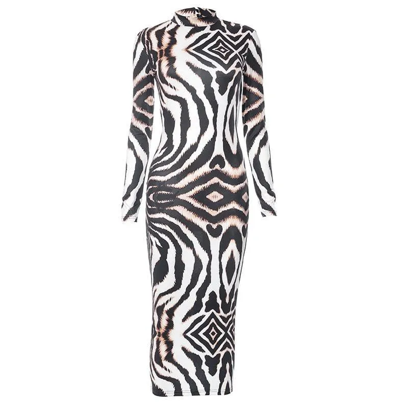 BerryBetty - Backless self tie long sleeve tiger print contrast midi dress