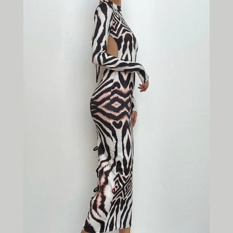 BerryBetty - Backless self tie long sleeve tiger print contrast midi dress