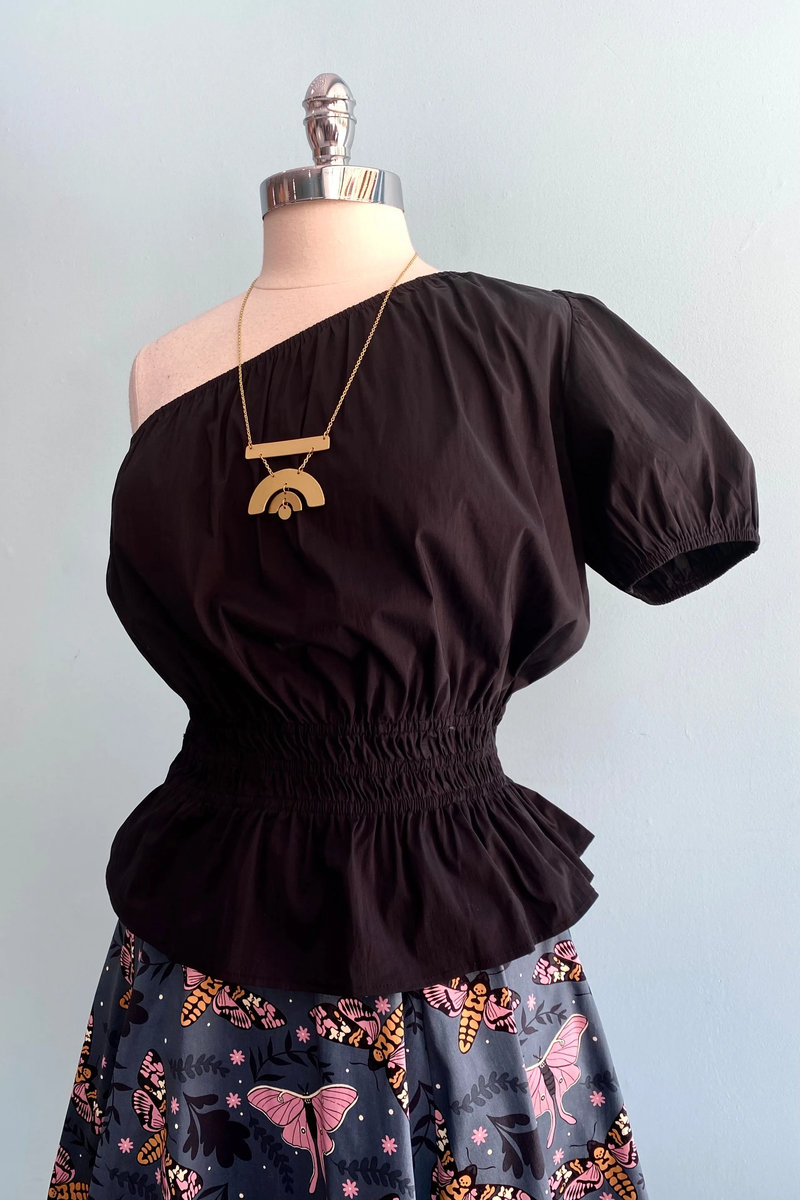 Black One-Shoulder Smocked Waist Top