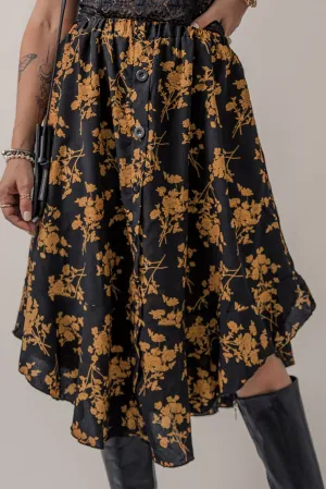 Black Printed Elastic Waist Button Decor Floral Ruffle Skirt