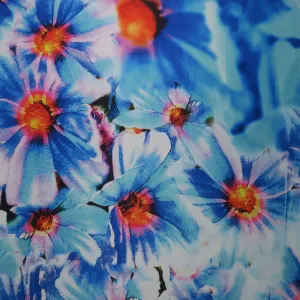 Blue and Orange Floral on Blue Background Printed Polyester Mikado Fabric