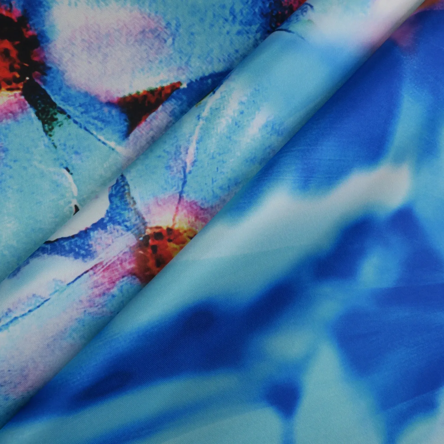 Blue and Orange Floral on Blue Background Printed Polyester Mikado Fabric