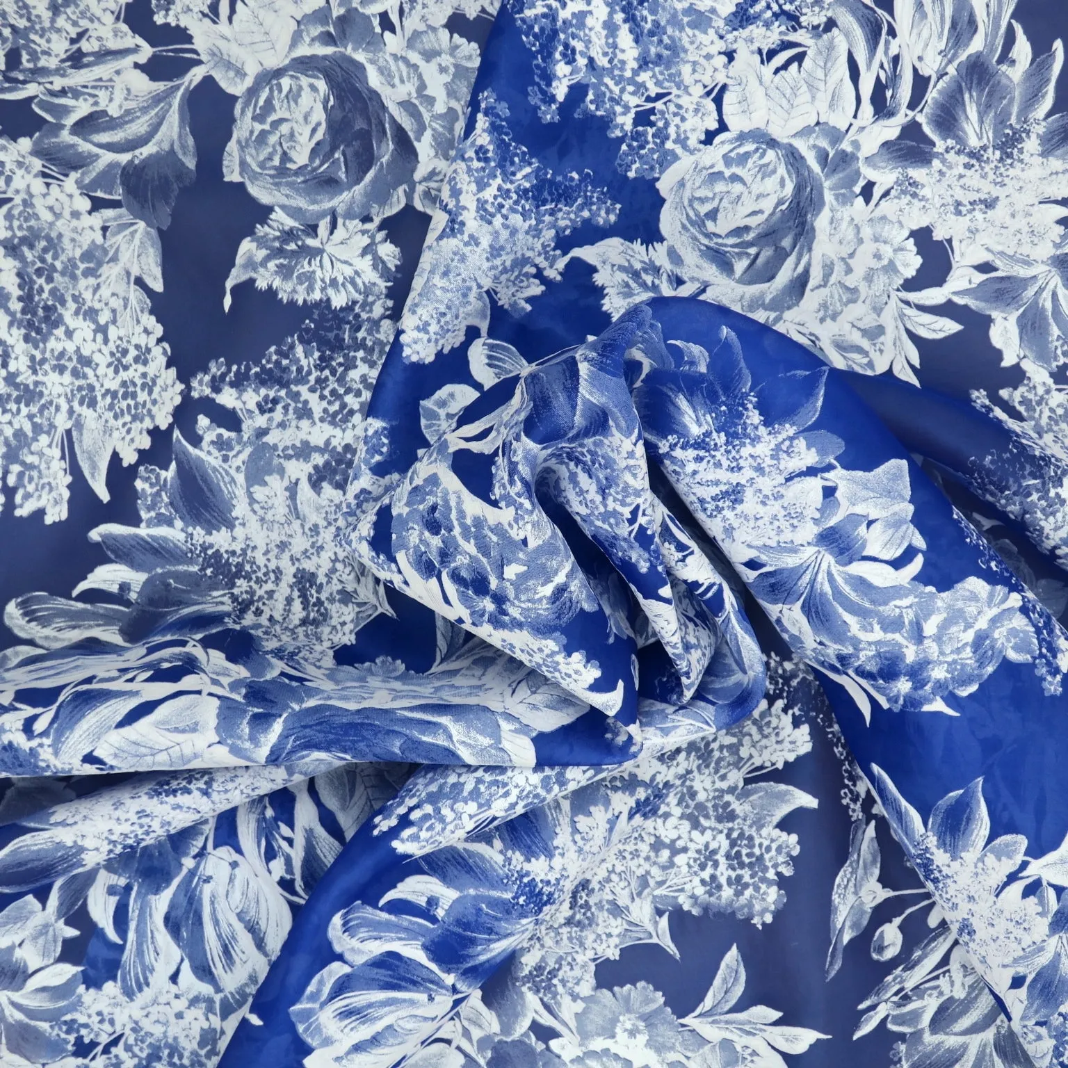 Blue and White Florals Printed Silk Organza Fabric