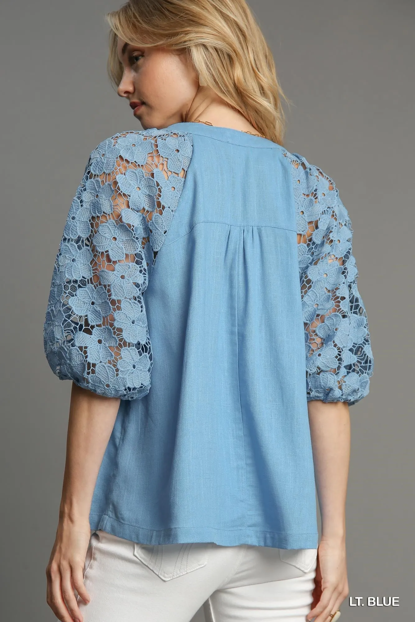 Blue Linen Blend Top w/ Floral Lace Puff Sleeves