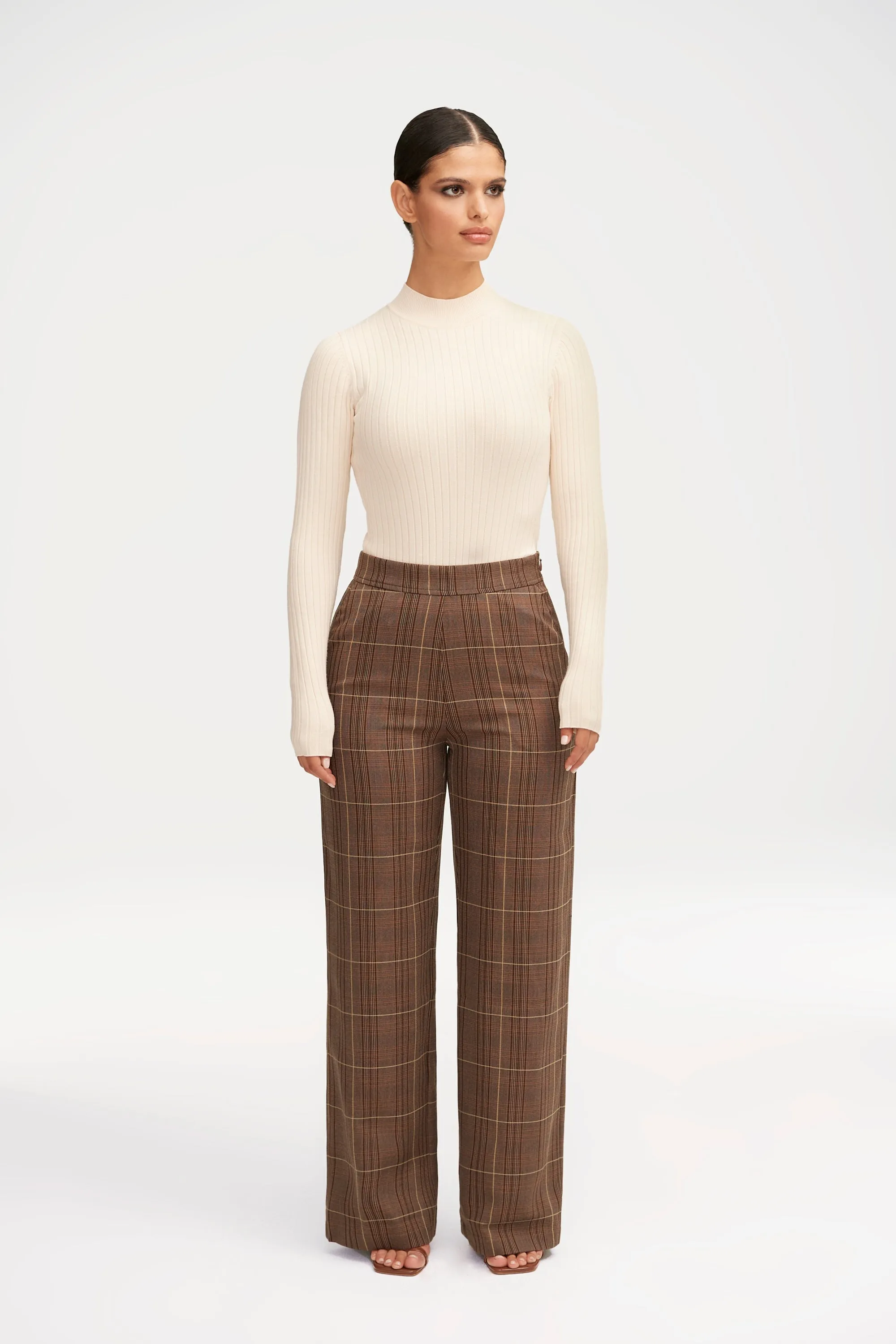 Brown Plaid Wide Leg Pants