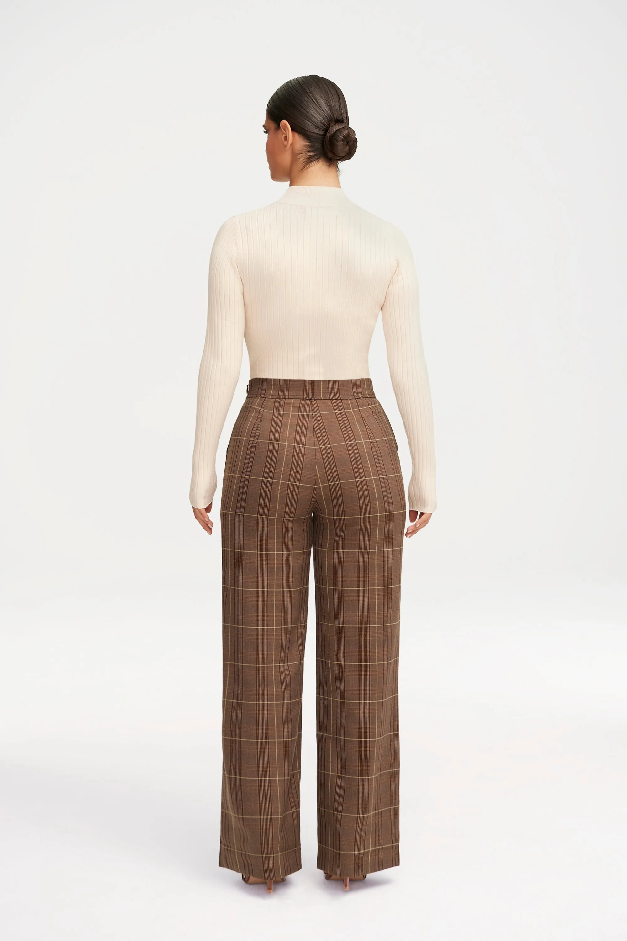 Brown Plaid Wide Leg Pants