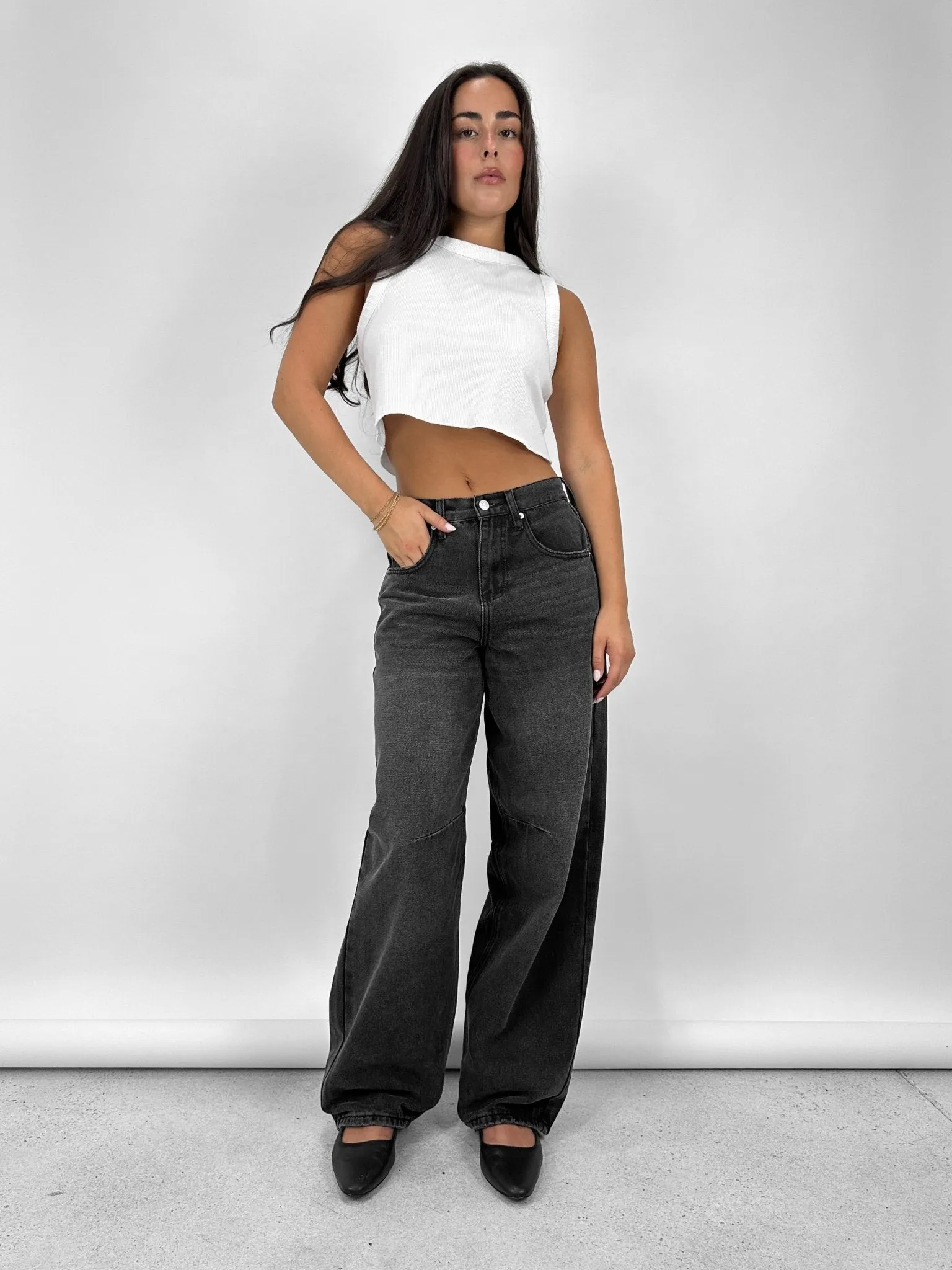 Buckle Back Wide Leg Tapered Jeans