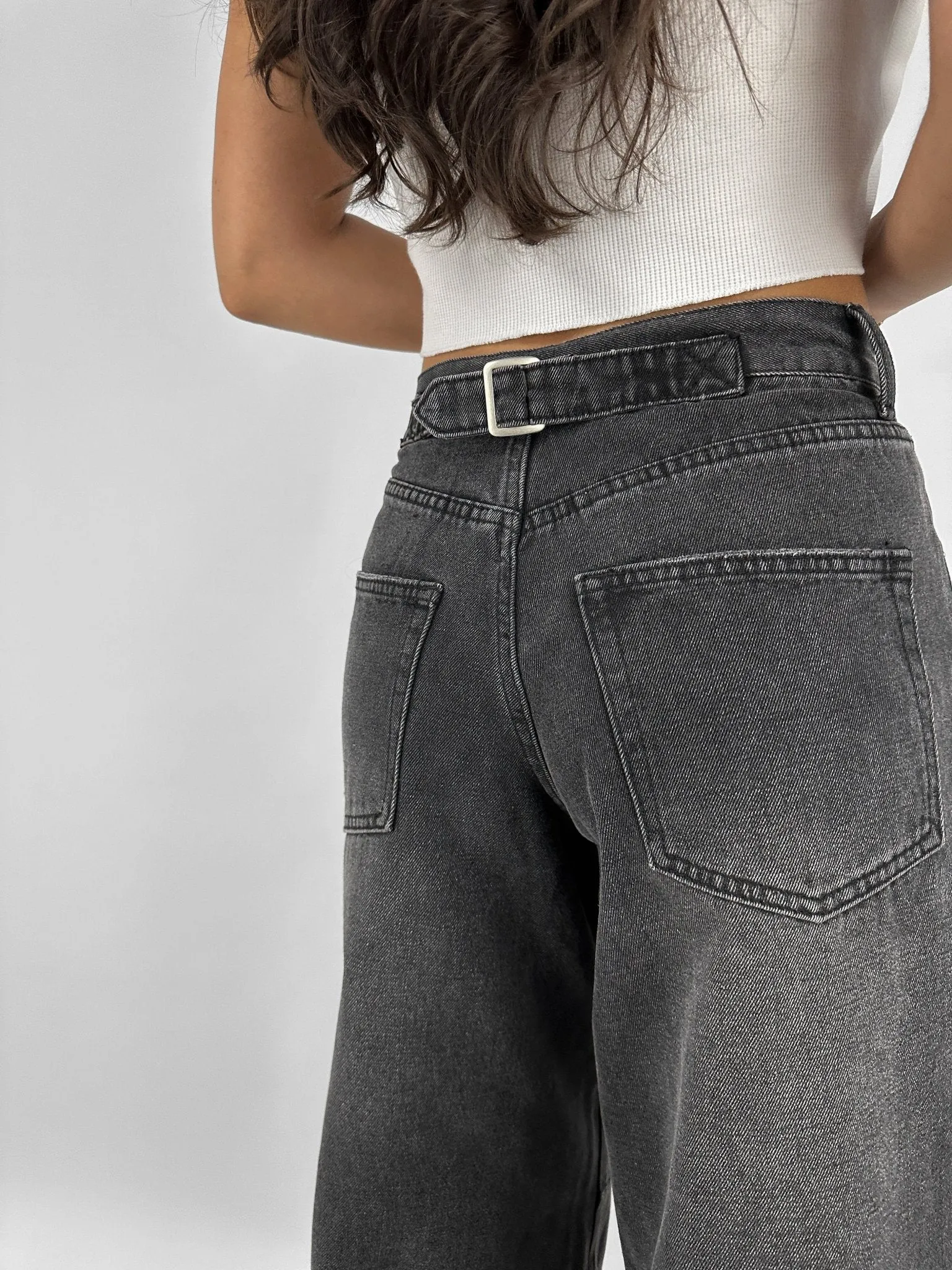 Buckle Back Wide Leg Tapered Jeans