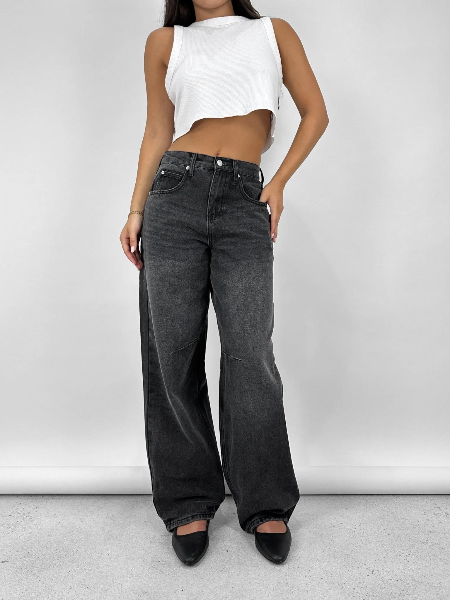 Buckle Back Wide Leg Tapered Jeans