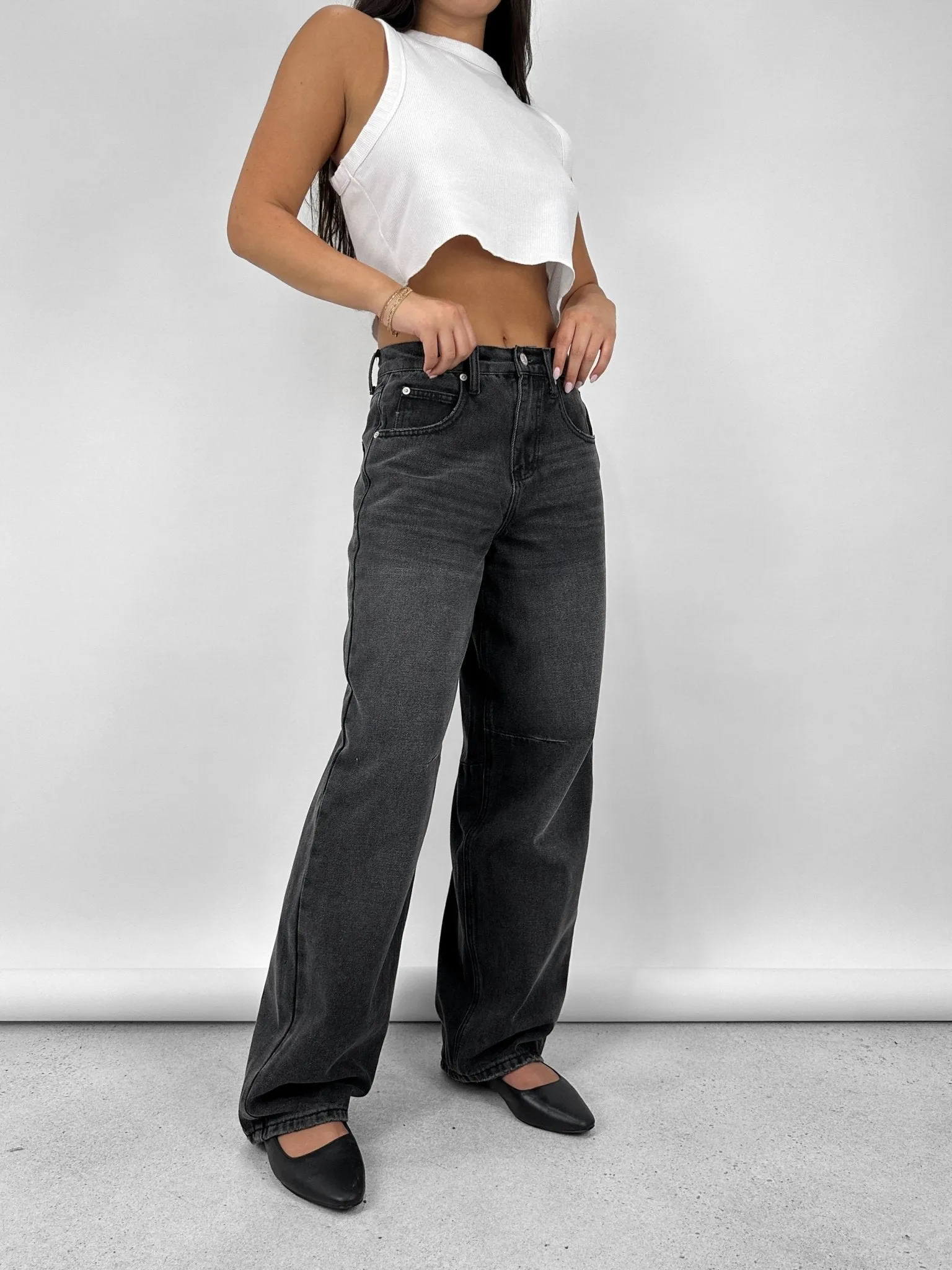 Buckle Back Wide Leg Tapered Jeans