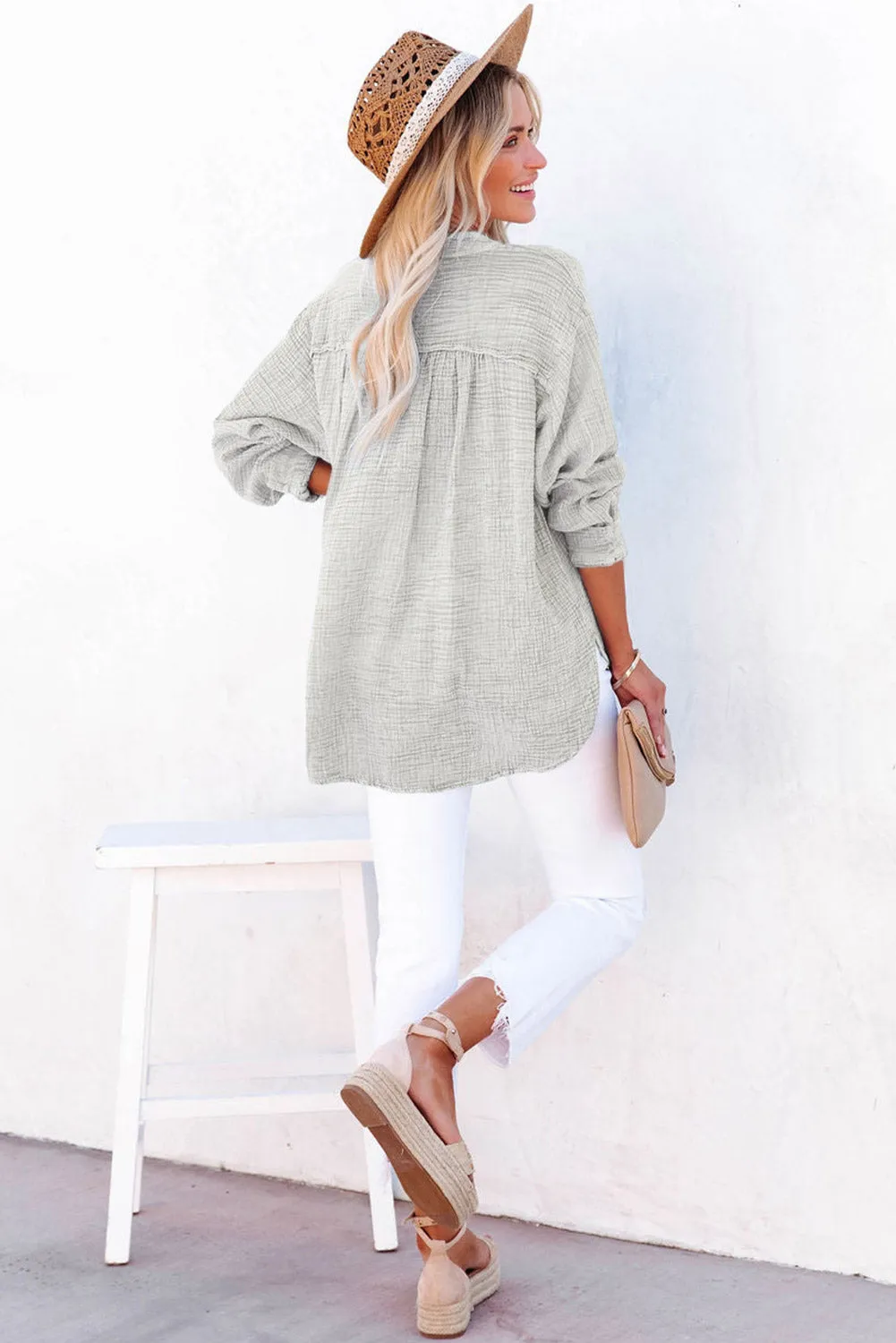 Crinkle Textured Loose Henley Top