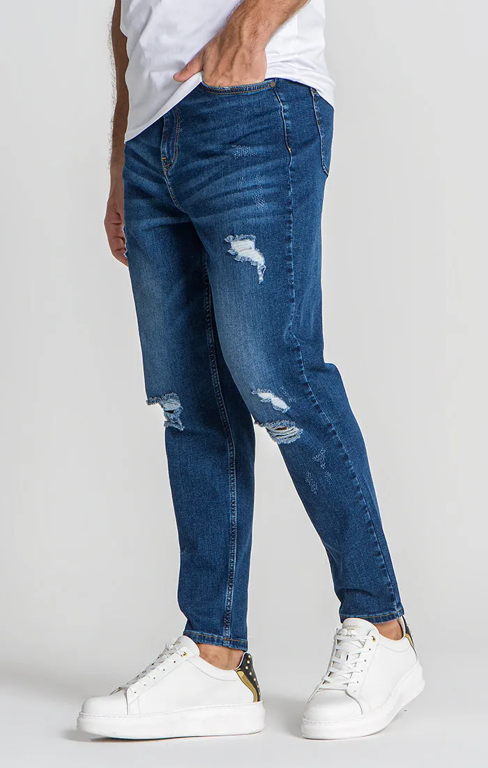 Dark Blue Ripped Carrot Leg Jeans