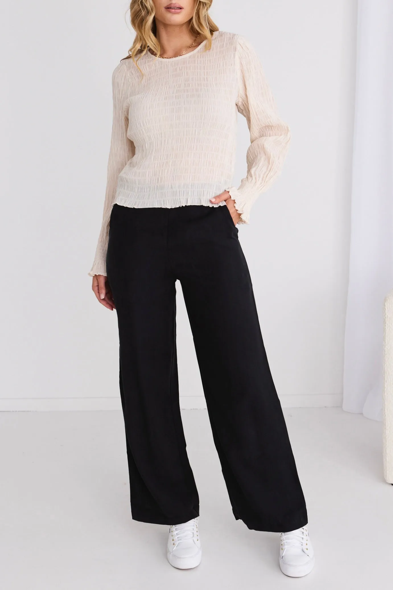 Effortless Black Viscose Deep Band Wide Leg Pant