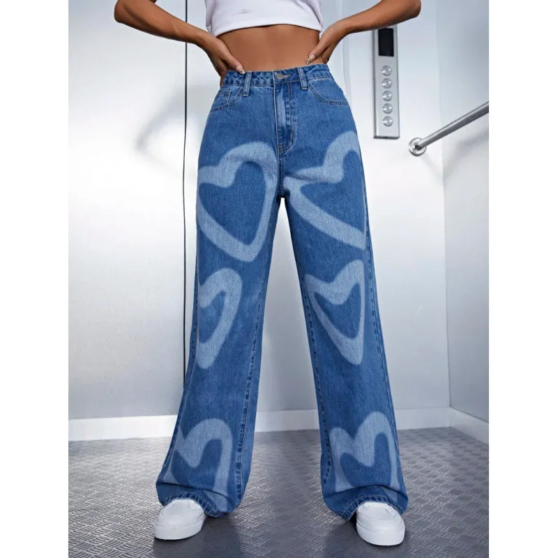 Fashionkova senior jeans Spring and Summer New Printed Fashionable High Waist Korean Style Straight Casual Loose Wide Leg Denim Trousers for Women